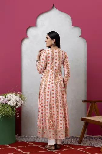 Smer women's cotton printed round neck full sleeves anarkali kurta