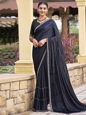 mid night blue shimmer chiffon embellished saree 1