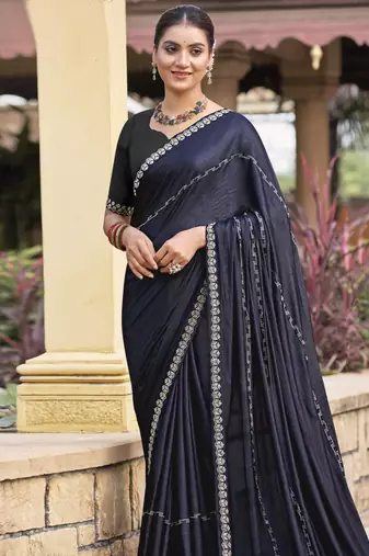 mid night blue shimmer chiffon embellished saree