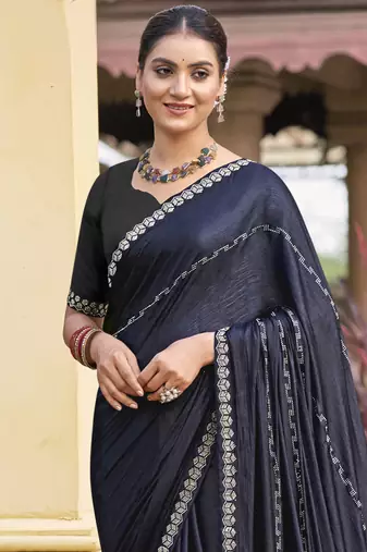 mid night blue shimmer chiffon embellished saree