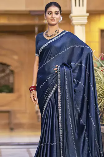 navy blue shimmer chiffon embellished saree