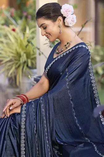 navy blue shimmer chiffon embellished saree