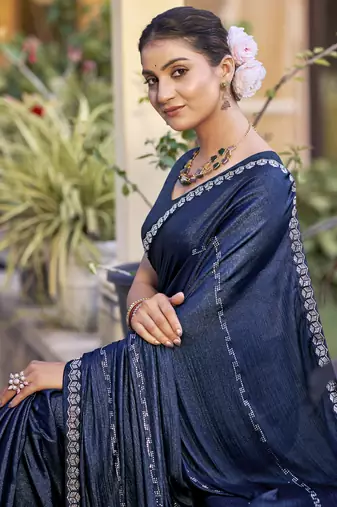 navy blue shimmer chiffon embellished saree