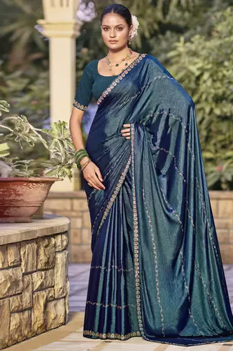 teal shimmer chiffon embellished saree