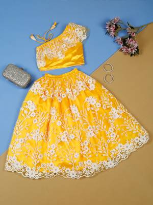 Yellow and White Net Lace Kids' Lehenga Choli  1