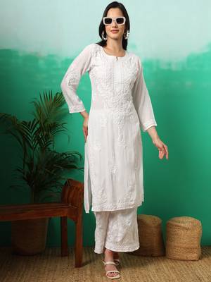 White hand embroidery modal chikankari straight kurti 1