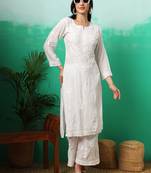 White hand embroidery modal chikankari straight kurti