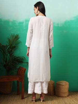 White hand embroidery modal chikankari straight kurti 2