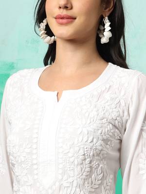 White hand embroidery modal chikankari straight kurti 3