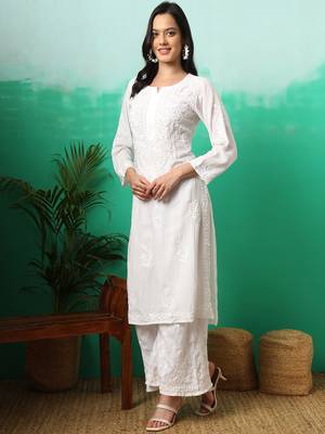 White hand embroidery modal chikankari straight kurti 4