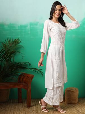 White hand embroidery modal chikankari straight kurti 5