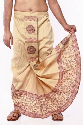 Beige Banarasi Silk Printed Wedding Dhoti for Men 2