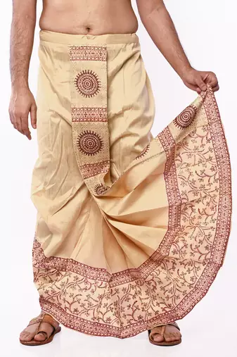 Beige Banarasi Silk Printed Wedding Dhoti for Men