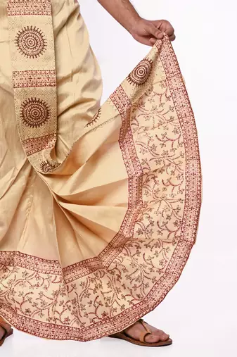 Beige Banarasi Silk Printed Wedding Dhoti for Men