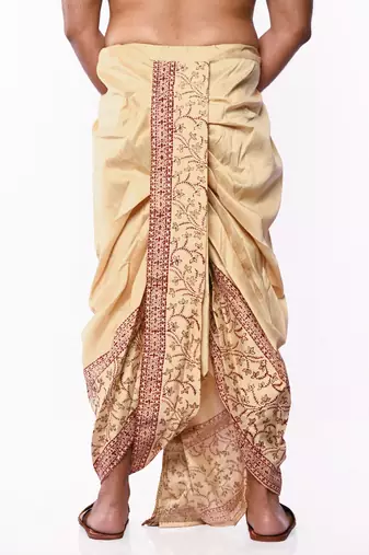 Beige Banarasi Silk Printed Wedding Dhoti for Men