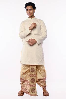Beige Banarasi Silk Printed Wedding Dhoti for Men 5