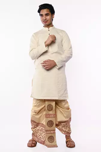 Beige Banarasi Silk Printed Wedding Dhoti for Men