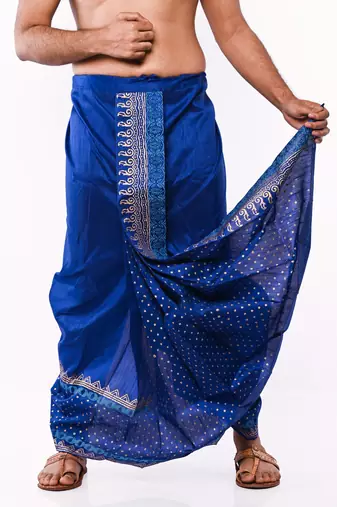 Royal Blue Hand Block Print Dupion Silk Dhoti For Men