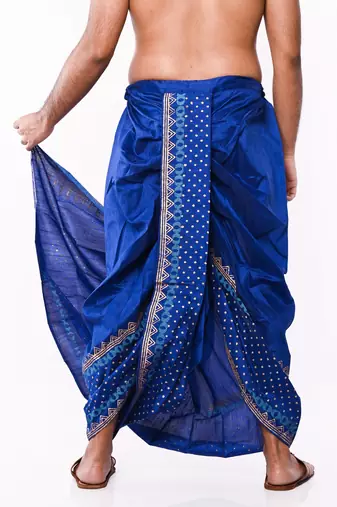 Royal Blue Hand Block Print Dupion Silk Dhoti For Men