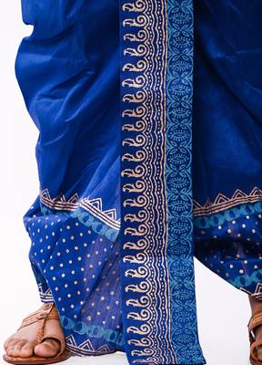 Royal Blue Hand Block Print Dupion Silk Dhoti For Men 4
