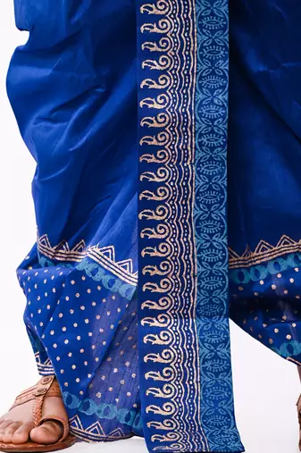 Royal Blue Hand Block Print Dupion Silk Dhoti For Men