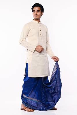 Royal Blue Hand Block Print Dupion Silk Dhoti For Men 5
