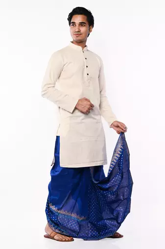 Royal Blue Hand Block Print Dupion Silk Dhoti For Men