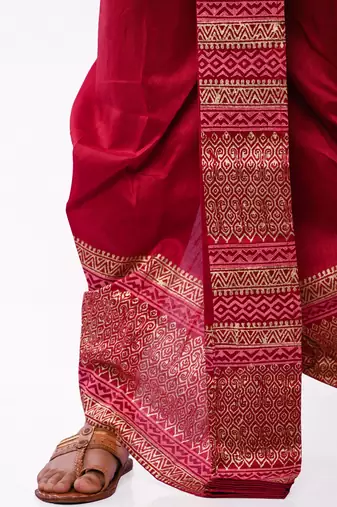 Maroon Hand Block Print Dupion Silk Dhoti For Men
