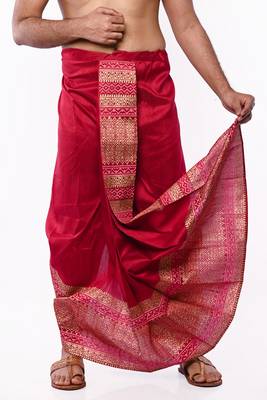 Maroon Hand Block Print Dupion Silk Dhoti For Men 3