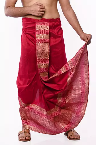 Maroon Hand Block Print Dupion Silk Dhoti For Men