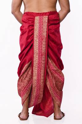 Maroon Hand Block Print Dupion Silk Dhoti For Men 4