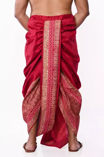 Maroon Hand Block Print Dupion Silk Dhoti For Men