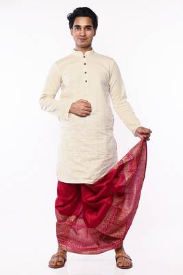 Maroon Hand Block Print Dupion Silk Dhoti For Men 5