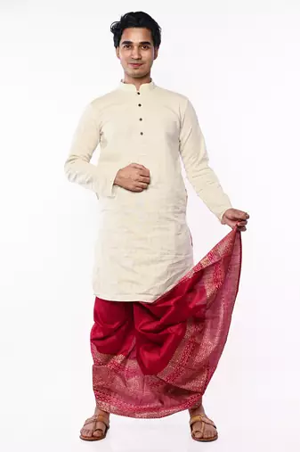 Maroon Hand Block Print Dupion Silk Dhoti For Men