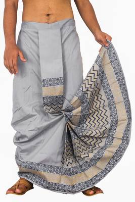 Gray Hand Block Print Dupion Silk Dhoti For Men 2