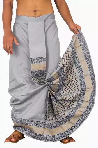 Gray Hand Block Print Dupion Silk Dhoti For Men