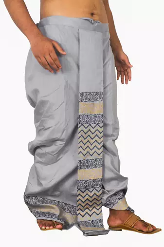 Gray Hand Block Print Dupion Silk Dhoti For Men