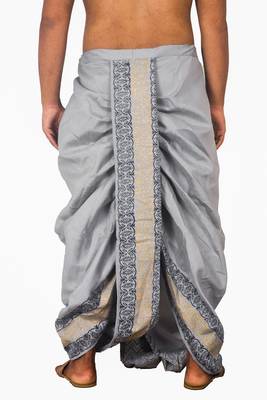 Gray Hand Block Print Dupion Silk Dhoti For Men 4