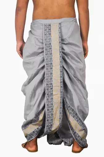 Gray Hand Block Print Dupion Silk Dhoti For Men