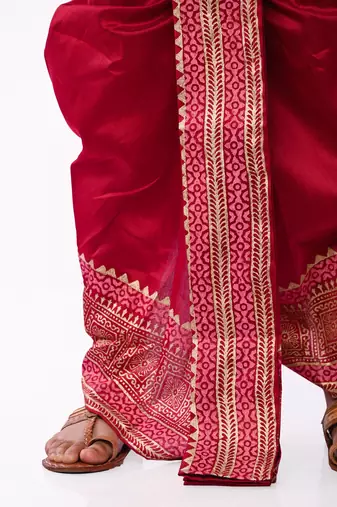 Maroon Hand Block Print Dupion Silk Dhoti For Men