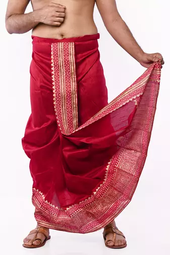 Maroon Hand Block Print Dupion Silk Dhoti For Men