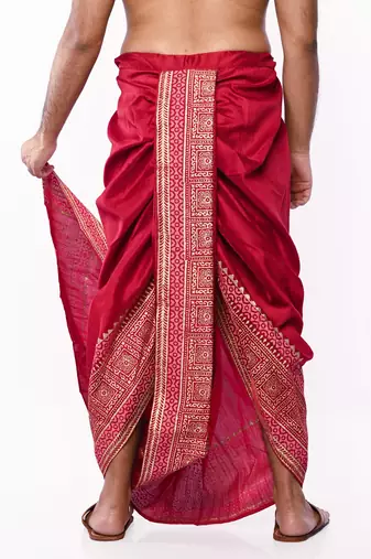 Maroon Hand Block Print Dupion Silk Dhoti For Men