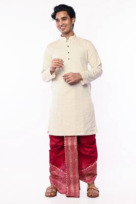 Maroon Hand Block Print Dupion Silk Dhoti For Men 5