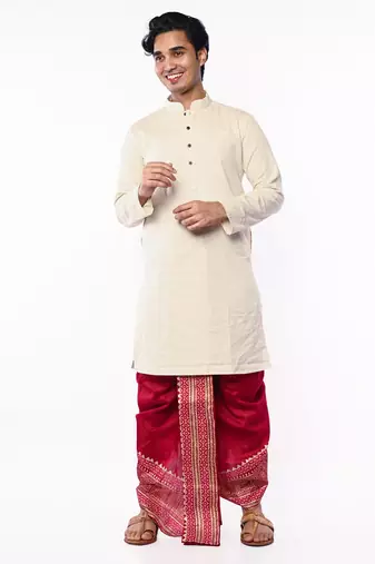 Maroon Hand Block Print Dupion Silk Dhoti For Men