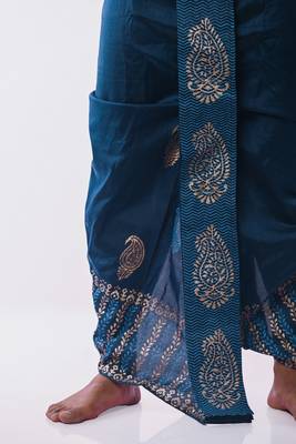 Peacock Blue Hand Block Print Dupion Silk Dhoti For Men 2