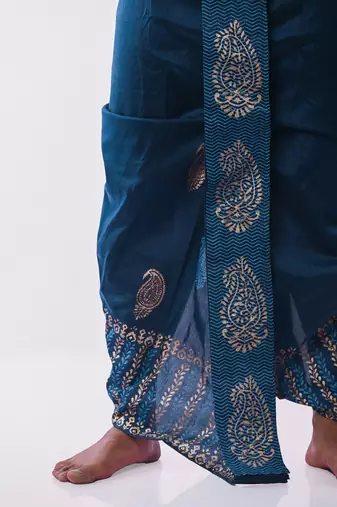 Peacock Blue Hand Block Print Dupion Silk Dhoti For Men