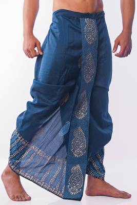 Peacock Blue Hand Block Print Dupion Silk Dhoti For Men 3