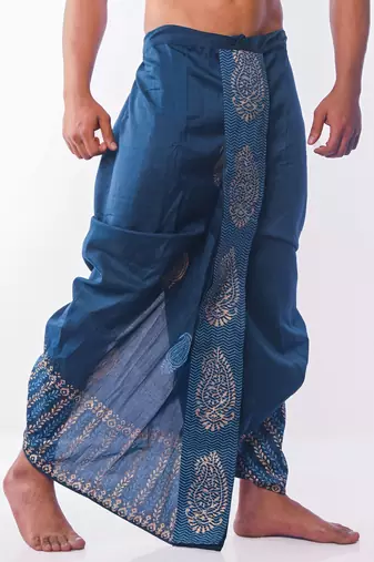 Peacock Blue Hand Block Print Dupion Silk Dhoti For Men