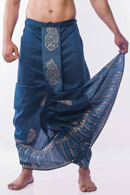 Peacock Blue Hand Block Print Dupion Silk Dhoti For Men 4