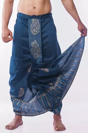 Peacock Blue Hand Block Print Dupion Silk Dhoti For Men
